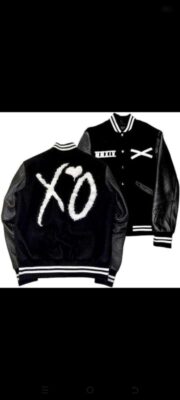 XO Varsity Jacket black wool blend body with leather sleeves XO logo patch on the back and embroidered front details classic varsity style
